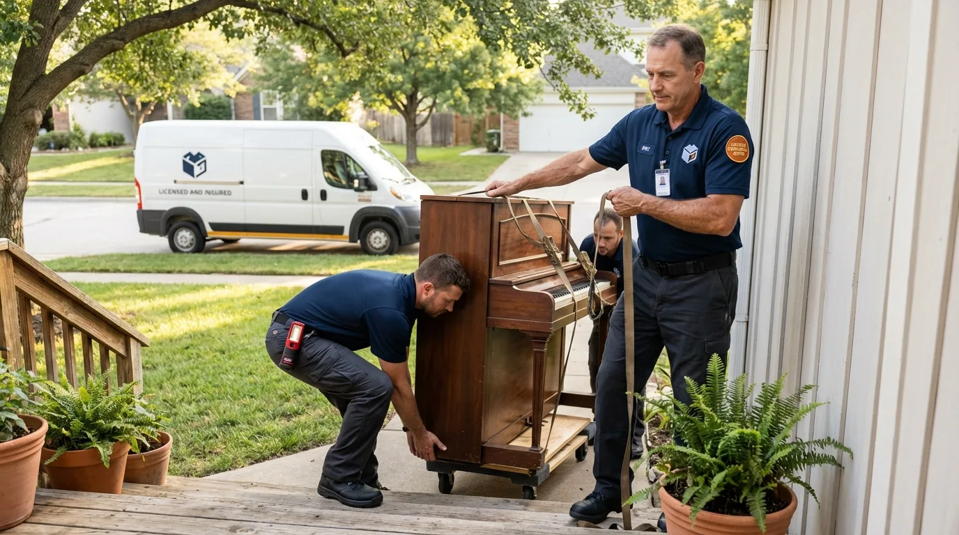 Licensed piano movers securing grand piano in Kingston, MO