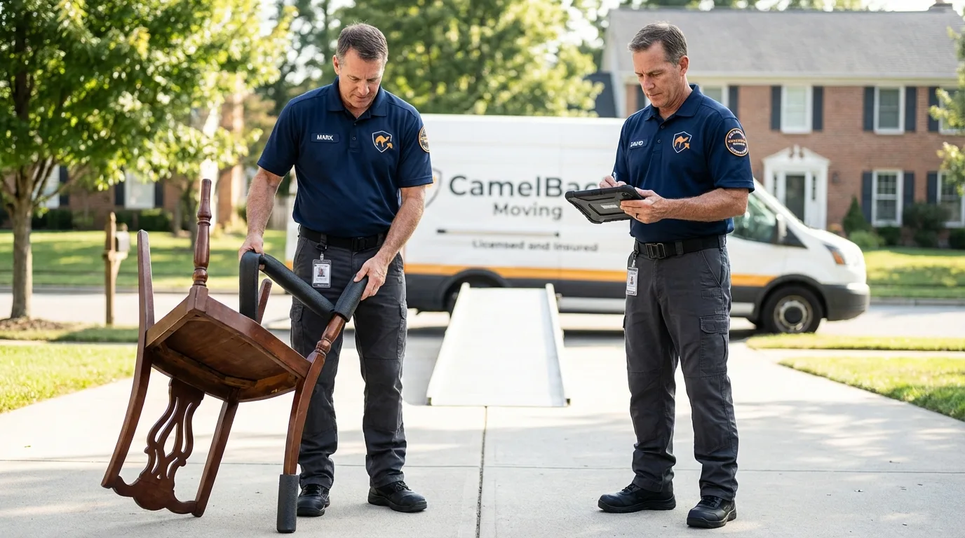 Movers inspecting furniture for damage prevention before loading in Kingston, MO