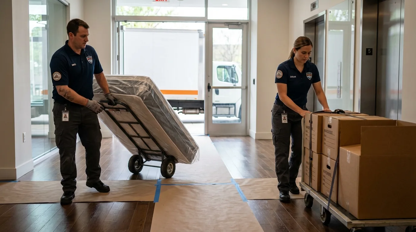 Professional apartment movers loading elevator in Kingston, MO