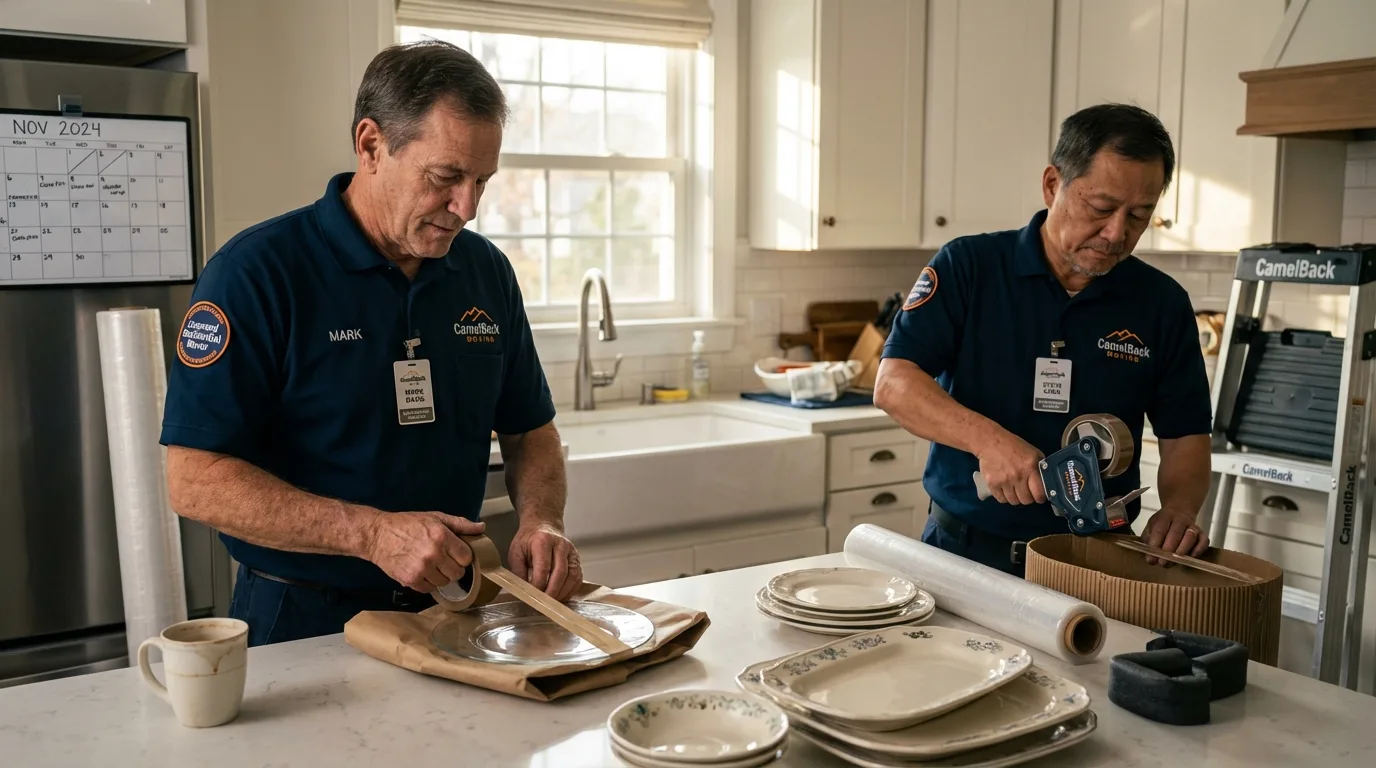 Professional crew packing kitchen dishware in Kingston, MO